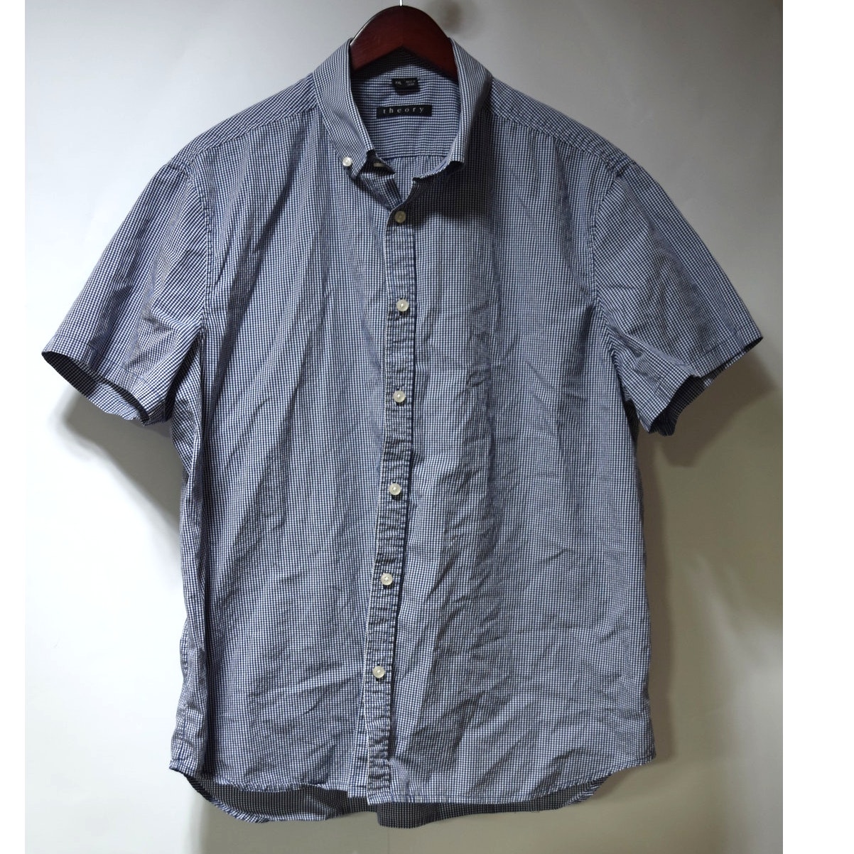 Theory Mens Xxl Button Down Shirt Blue White Gingham Short Sleeve Cotton